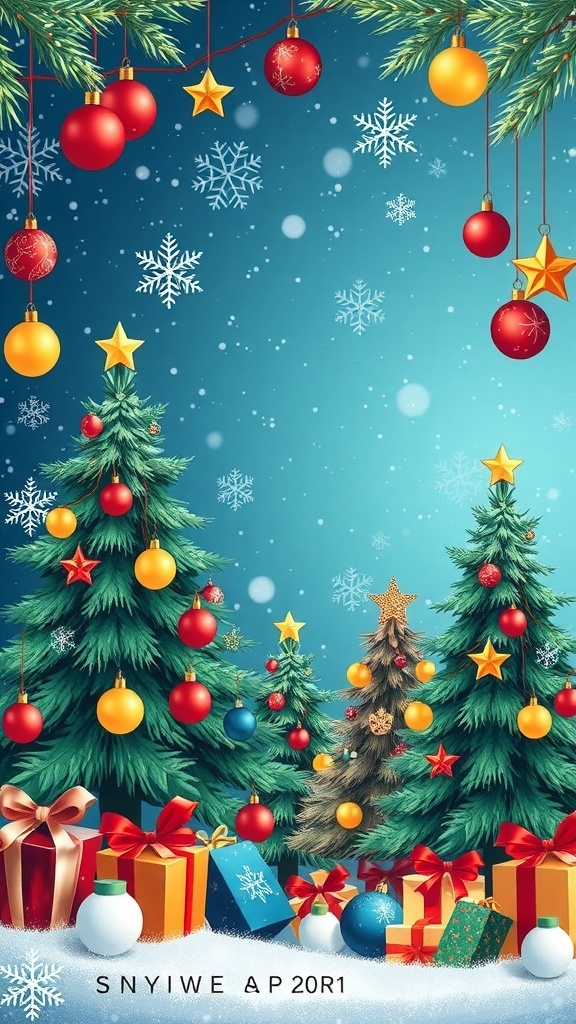 Colorful Christmas wallpaper vector design with trees, ornaments, and snowflakes.